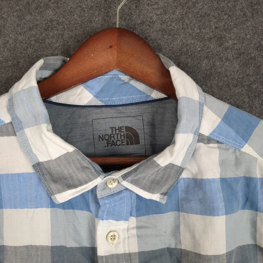 The North Face Mens Large Blue Gray Plaid Check Short Sleeve‎ Button Up Shirt